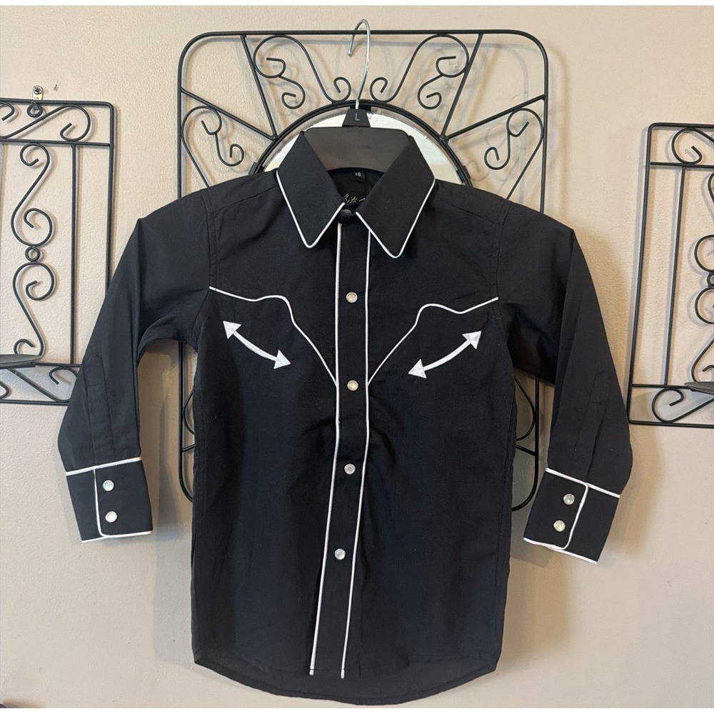 NEW White Horse Pearl Snap Black Western Shirt w/White Piping - Unisex Kids XS